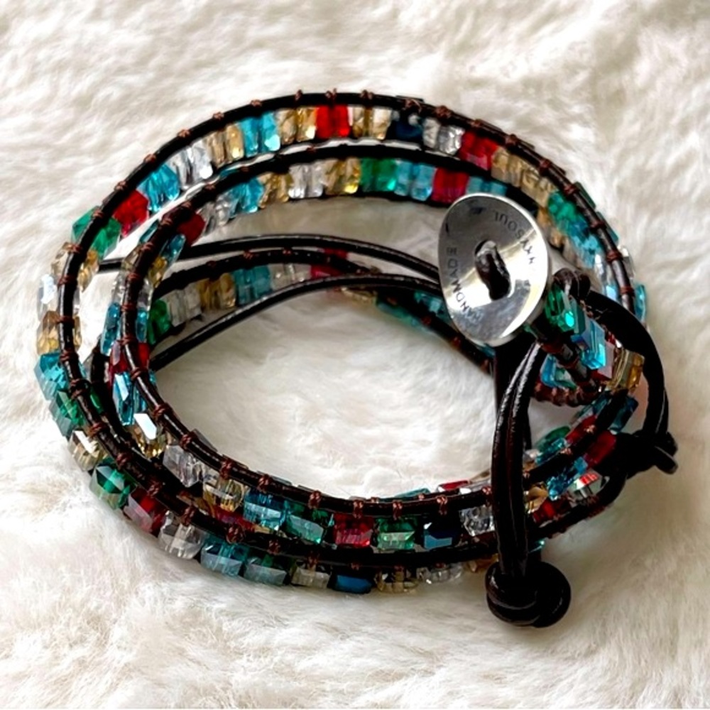 SPUNKY SOUL |Handmade Leather Cord Wrap Bracelet|Multicolored Crystals 21"